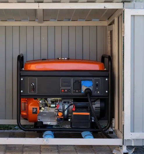Portable generator installed in a protective shed for reliable backup power and equipment rental use