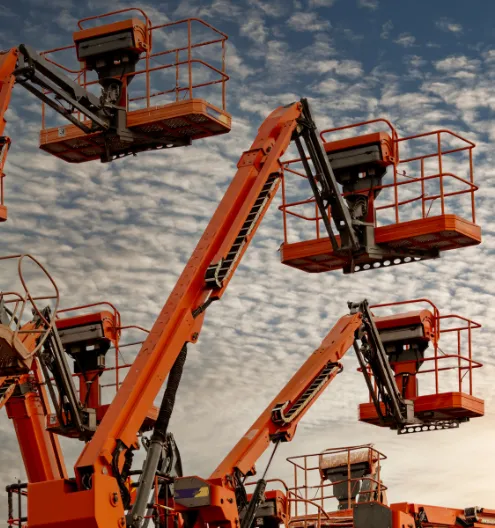 Articulated boom lift rentals at construction jobsite in the Central Valley and Bay Area by Iron Core Rentals