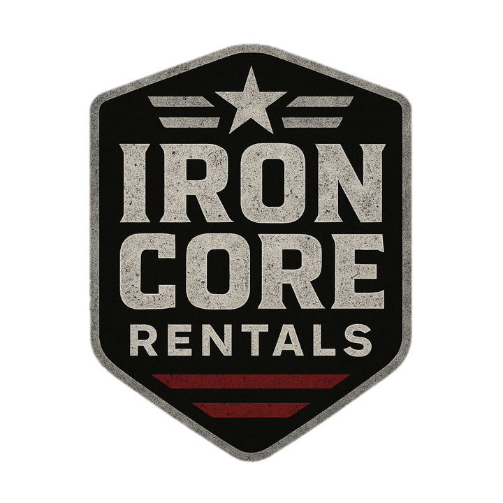 Iron Core Rentals transparent logo featuring a shield design with star and bold lettering for equipment rental branding