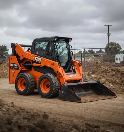 Skid steer loader rental working on a construction jobsite by Iron Core Rentals