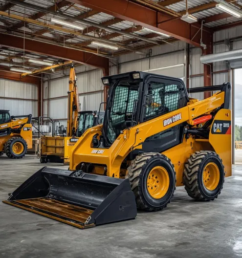 Skid steer loader rental inside equipment warehouse ready for construction and material handling by Iron Core Rentals