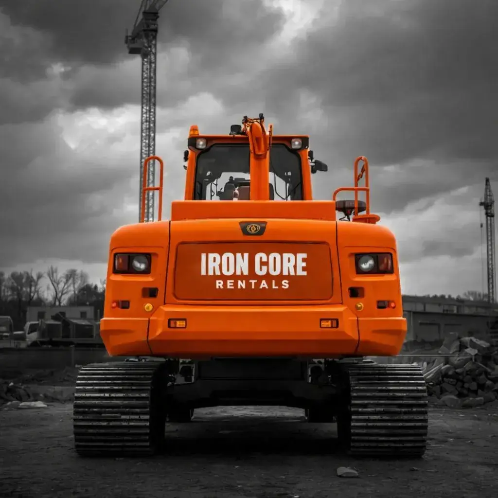 Front view of an Iron Core Rentals excavator parked at a construction site under cloudy skies.