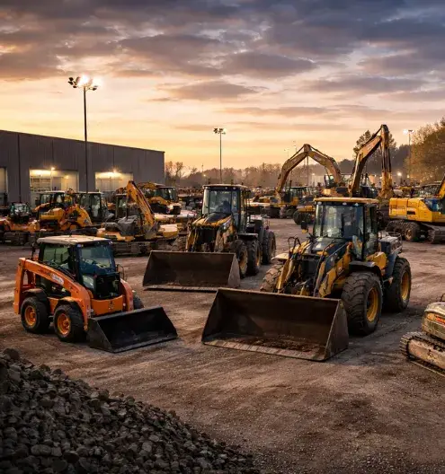 Lineup of new and used heavy construction equipment including excavators, loaders, and lifts staged at an active jobsite