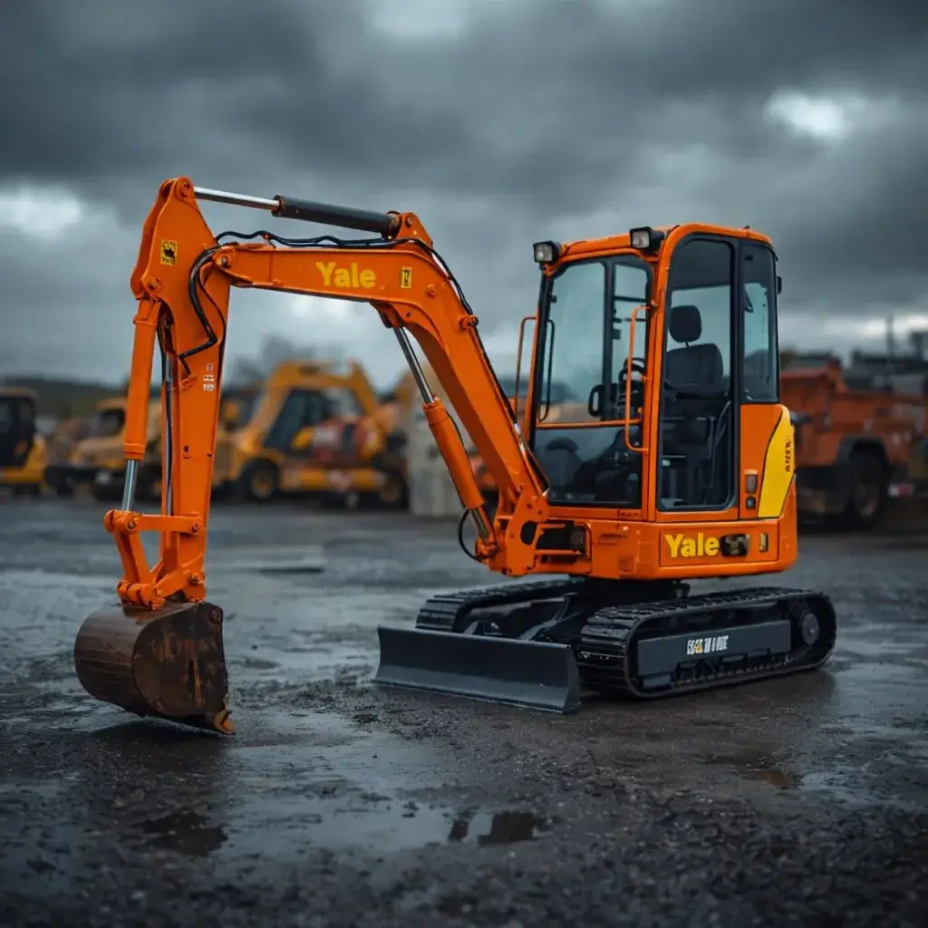 Compact excavator rental parked on a wet construction yard, ideal for trenching and site preparation projects