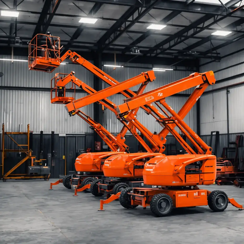 Row of scissor lifts positioned inside a large industrial warehouse, highlighting well-maintained access equipment ready for rental and jobsite use.